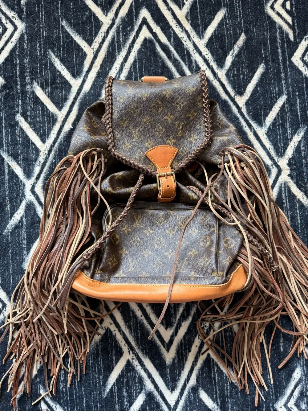 Vintage Boho Louis Vuitton Reworked Luxury Monogram Brown Fringe Leather Backpac